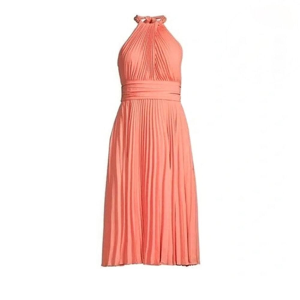 MSRP $795 Ungaro Amanda Light Coral Pleated Midi Dress Medium